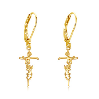 10K Gold Rose & Cross Lever-back Earrings-21