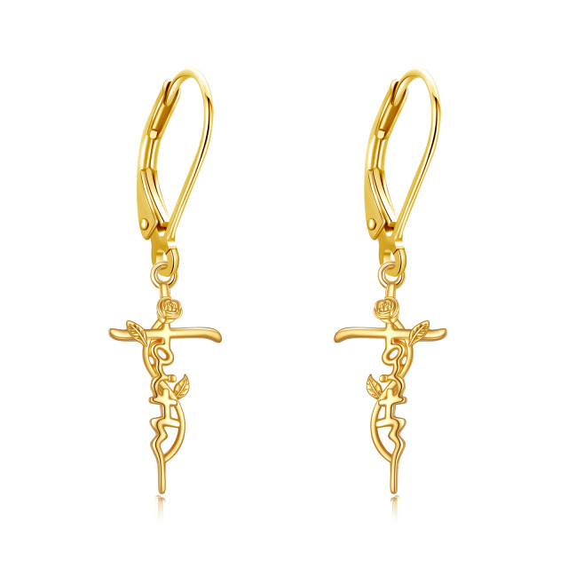 10K Gold Rose & Cross Lever-back Earrings