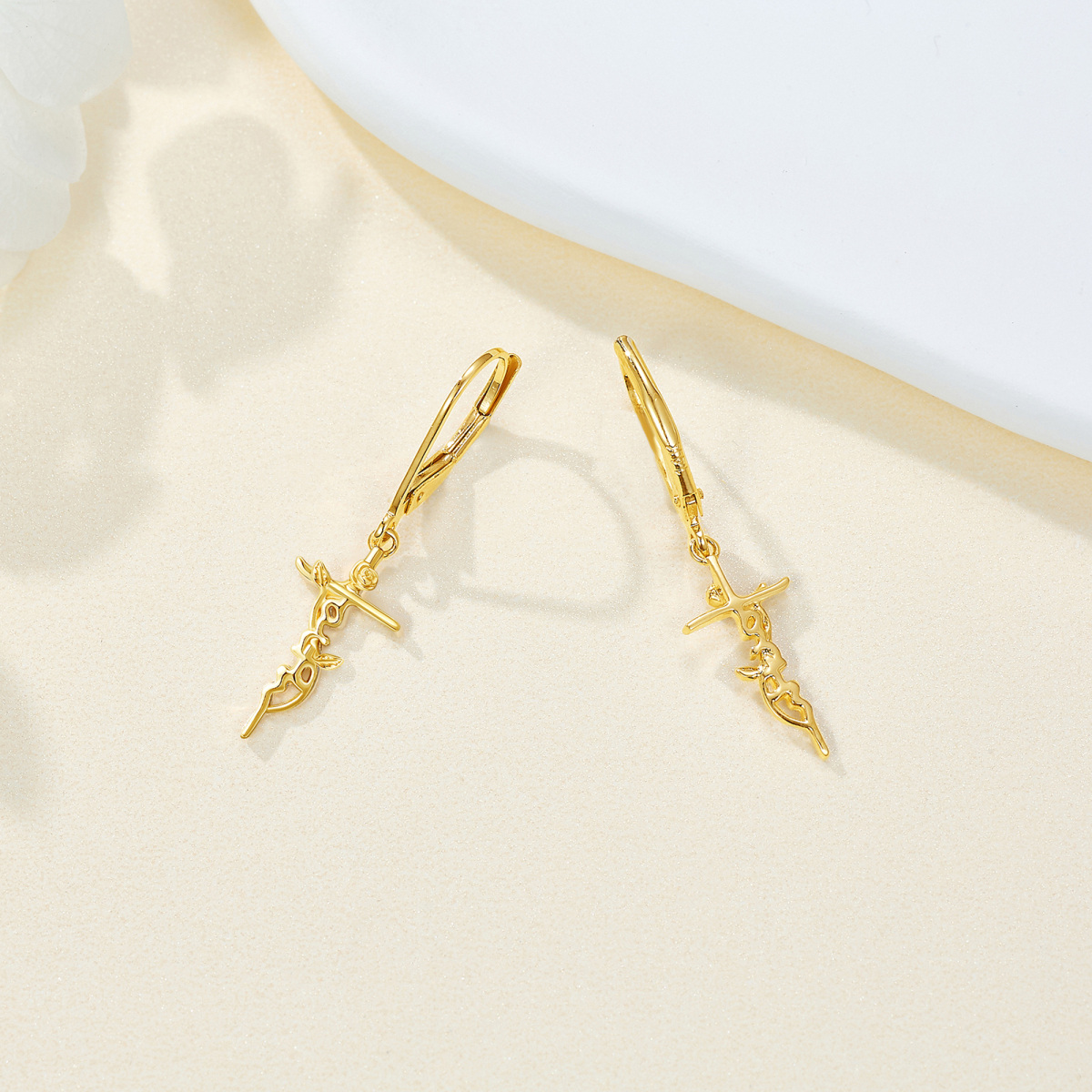 14K Gold Rose & Cross Lever-back Earrings-3