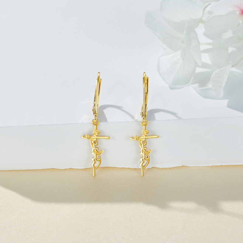 أقراط من الذهب عيار 10 قيراط بتصميم وردة وصليب-4