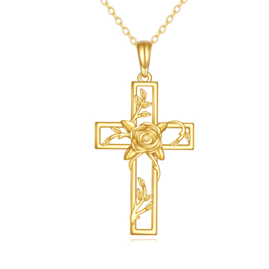 Colar de Pingente em Ouro 10K com Rosa e Cruz