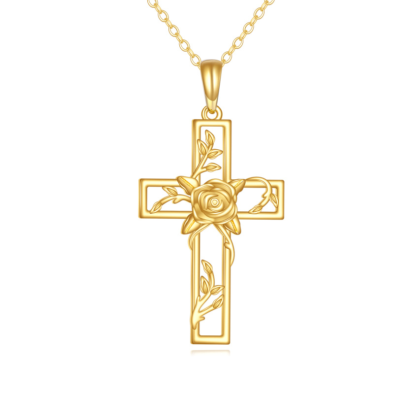 Collier pendentif en or 14K avec motif de rose et de croix-1