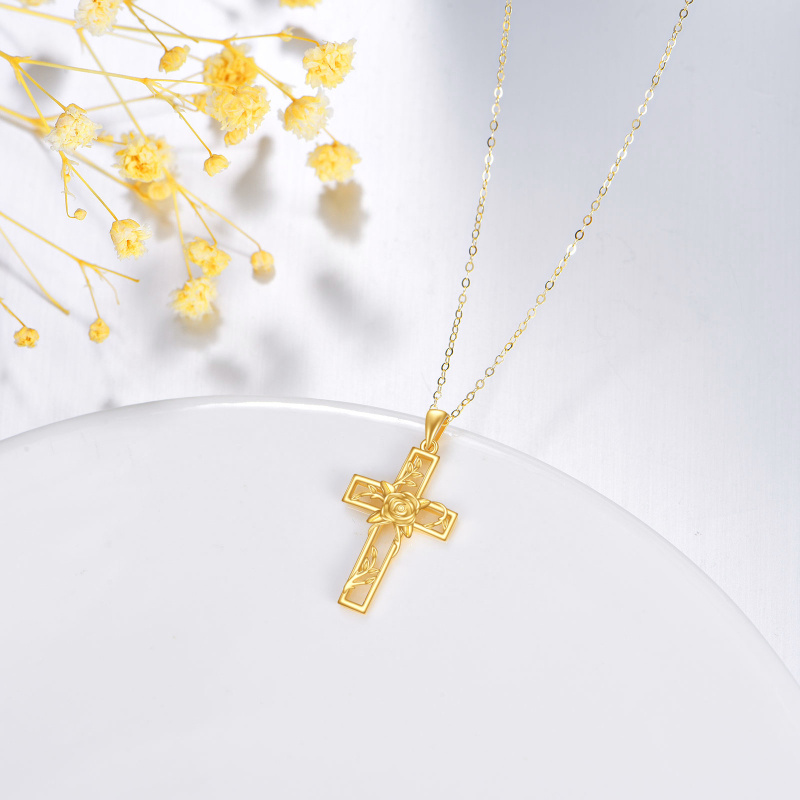 Collier pendentif en or 14K avec motif de rose et de croix-3