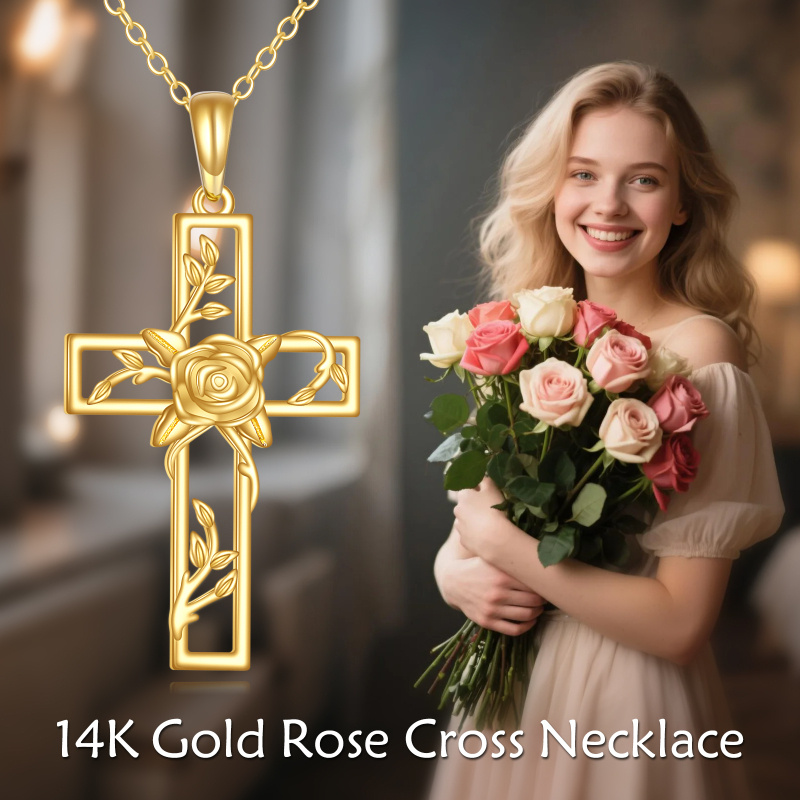 Collier pendentif en or 14K avec motif de rose et de croix-5