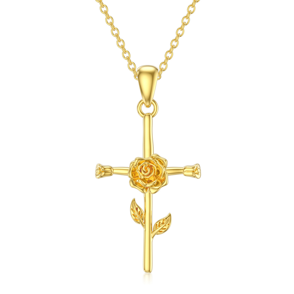 14K Gold Rose & Cross Pendant Necklace-1