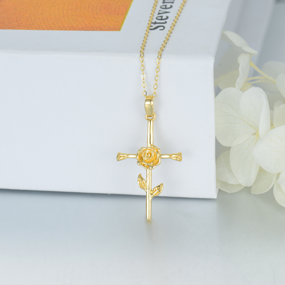 10K Gold Rose & Cross Pendant Necklace-3