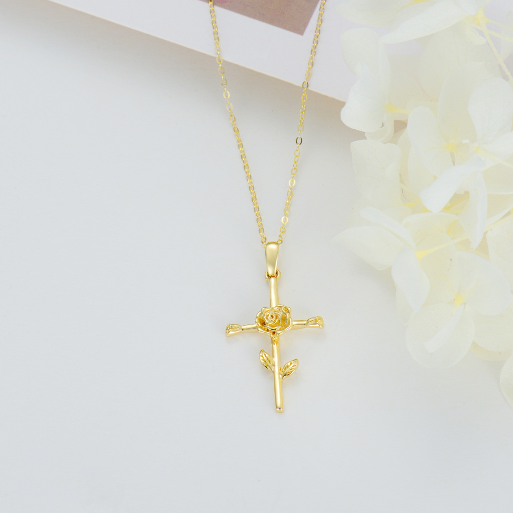 10K Gold Rose & Cross Pendant Necklace-4