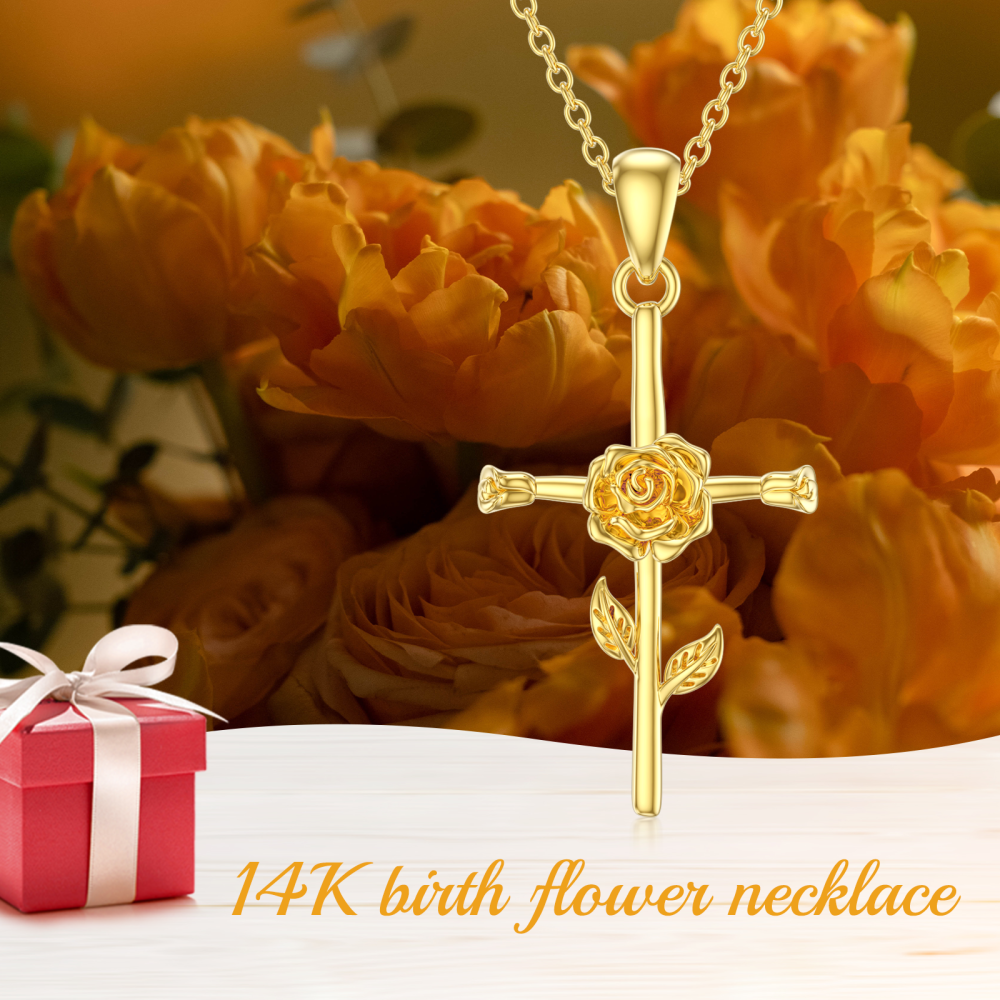 10K Gold Rose & Cross Pendant Necklace-6