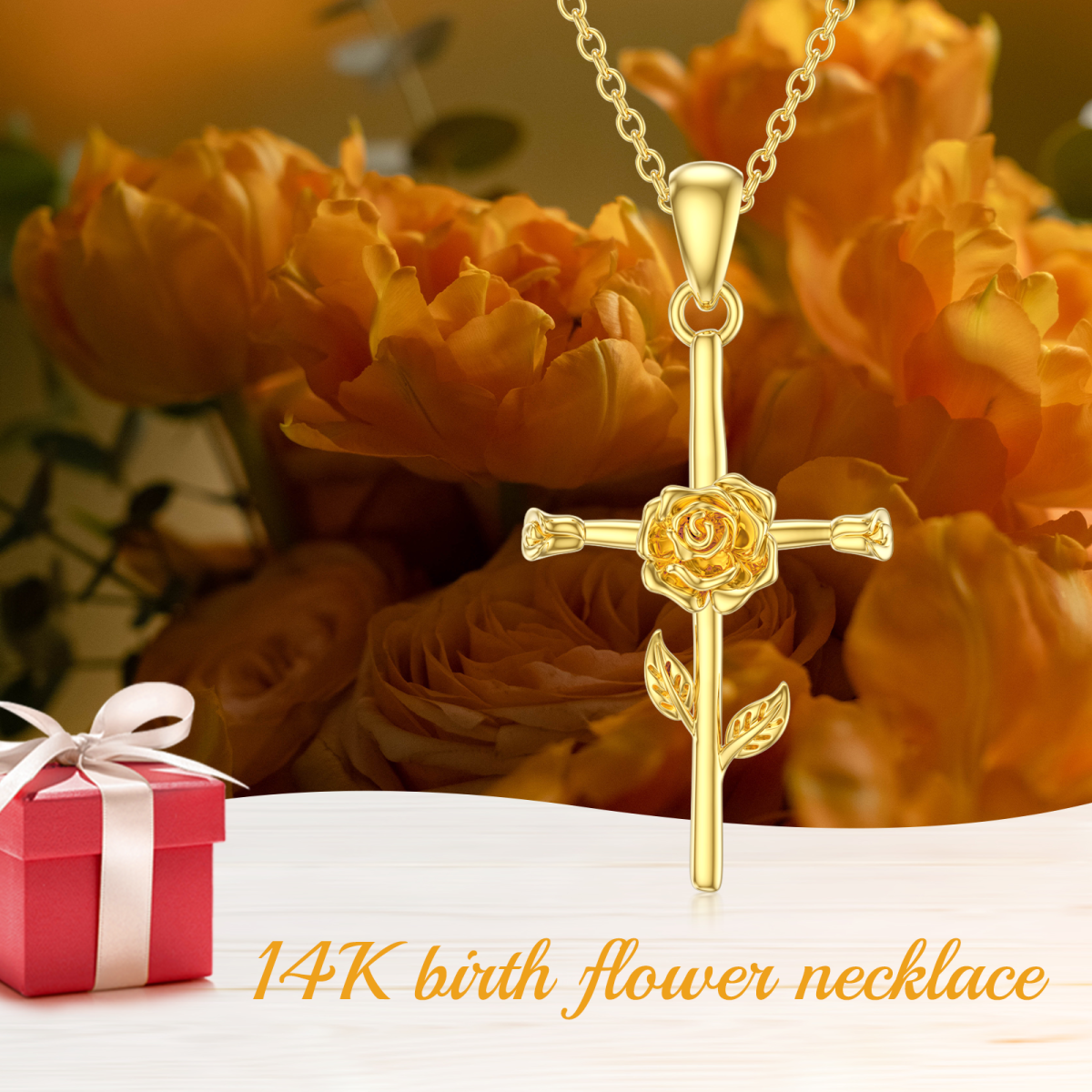 14K Gold Rose & Cross Pendant Necklace-6