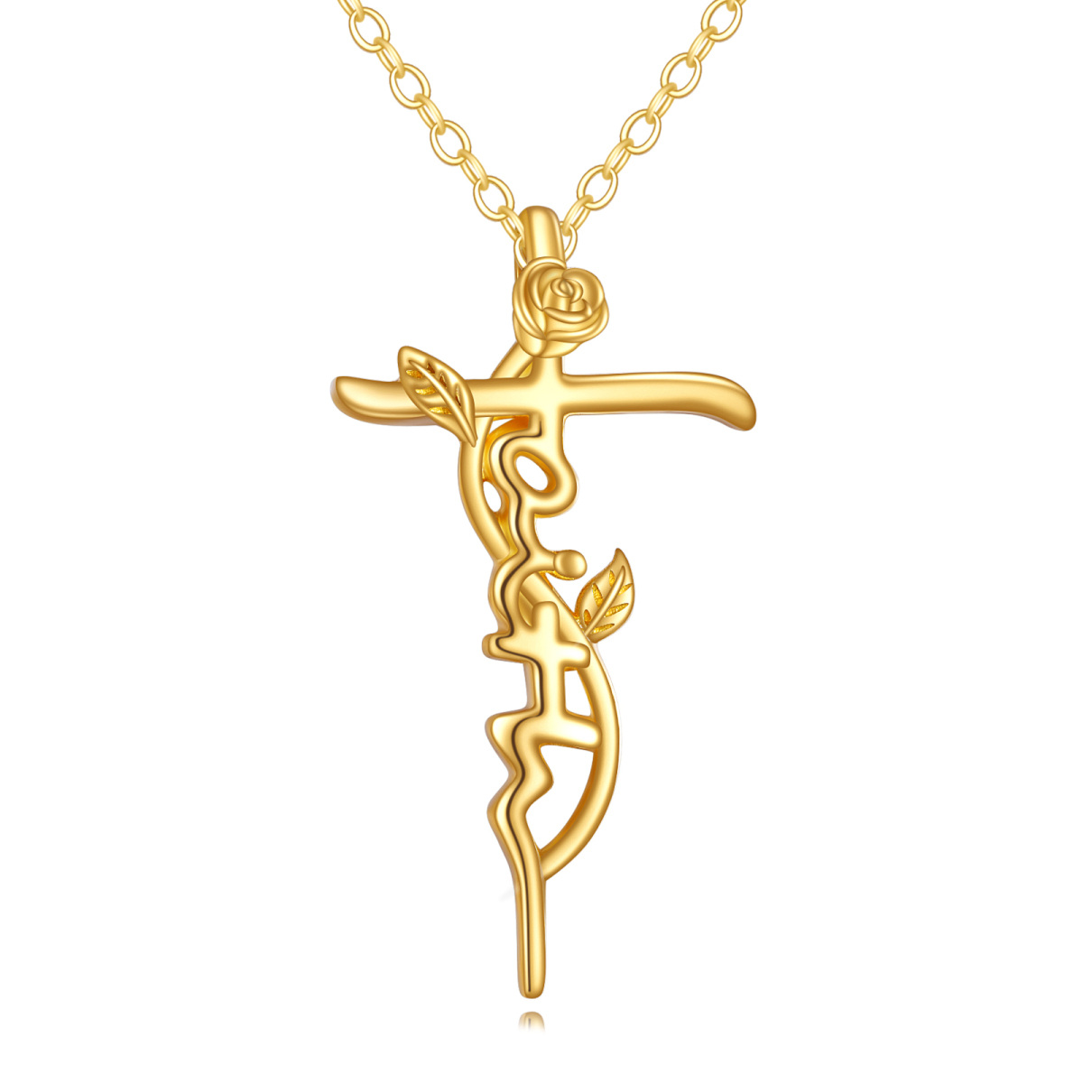 10K Gold Rose & Cross Pendant Necklace-1