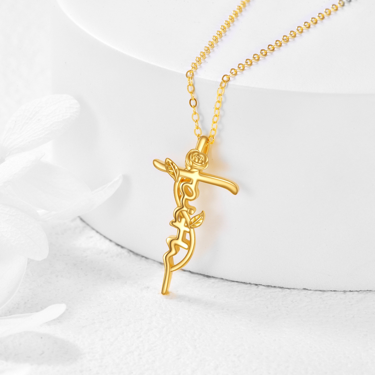 10K Gold Rose & Cross Pendant Necklace-3