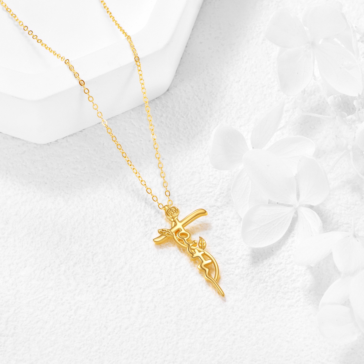 10K Gold Rose & Cross Pendant Necklace-4