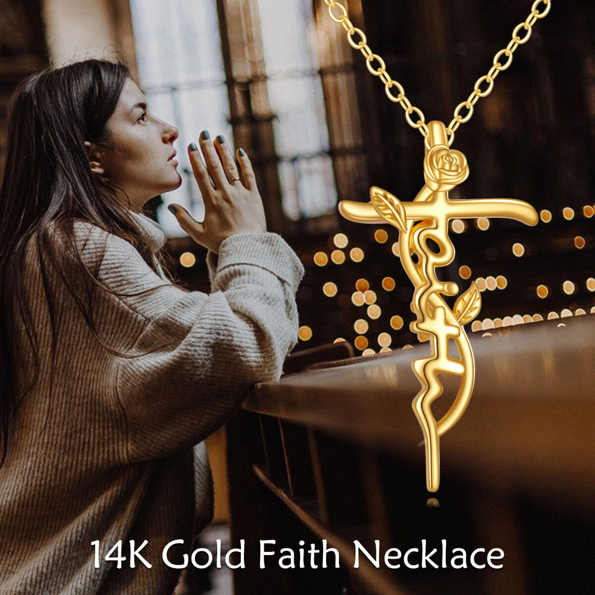 10K Gold Rose & Cross Pendant Necklace-5