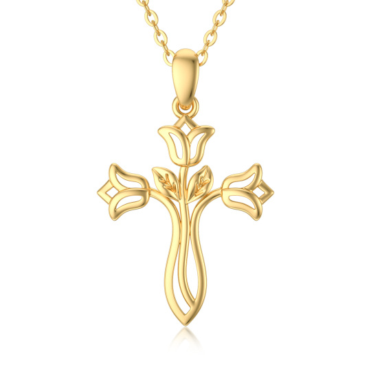 14K Gold Rose & Cross Pendant Necklace