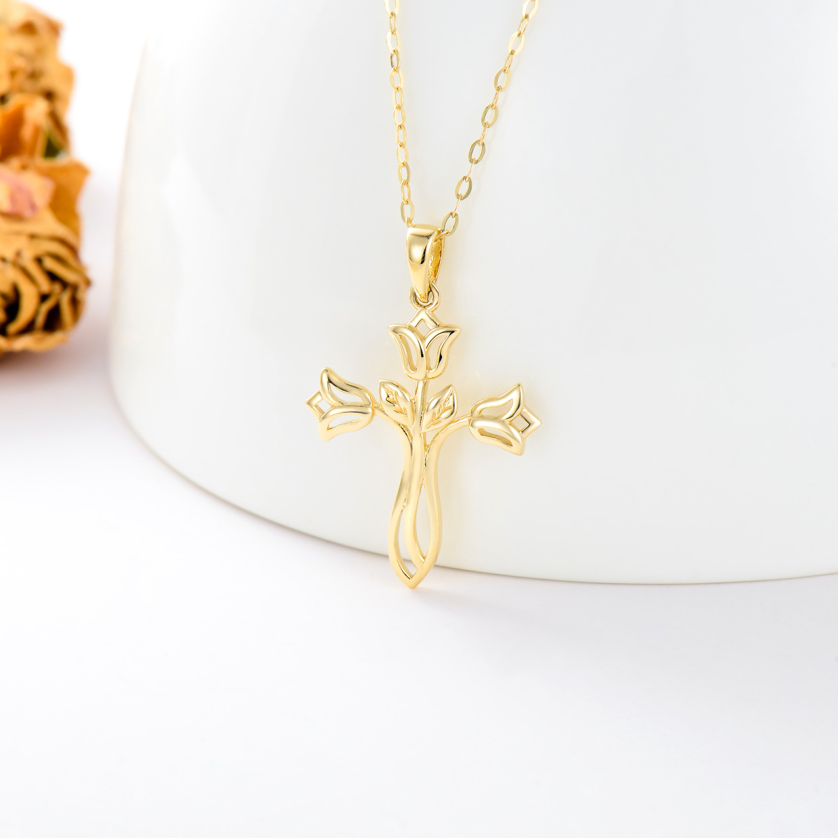 14K Gold Rose & Cross Pendant Necklace-3