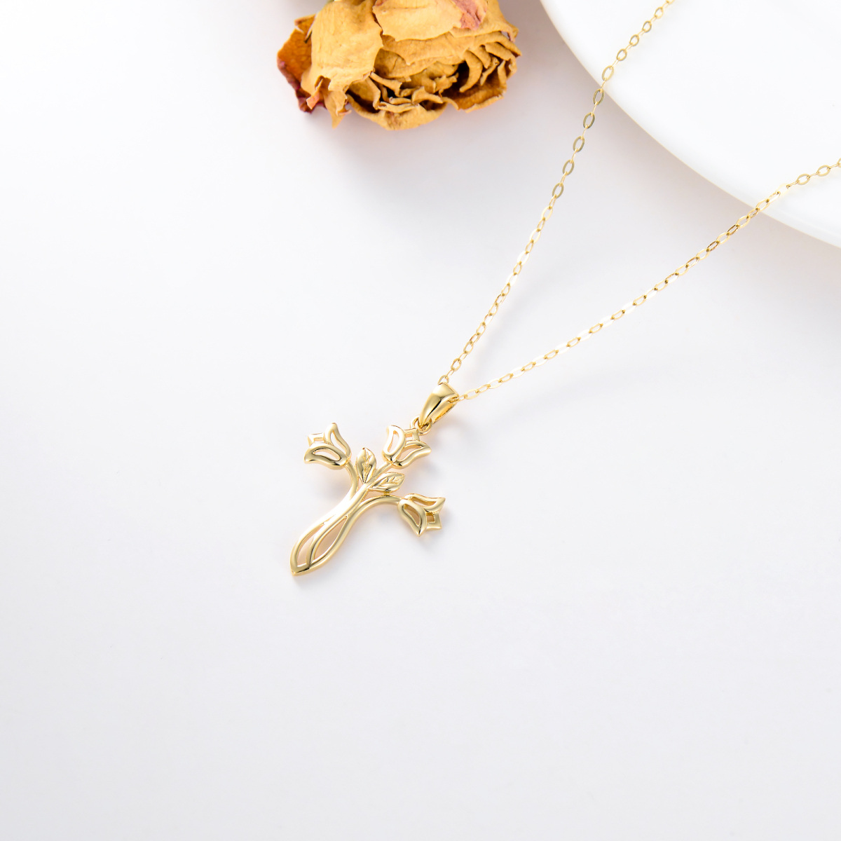 14K Gold Rose & Cross Pendant Necklace-4