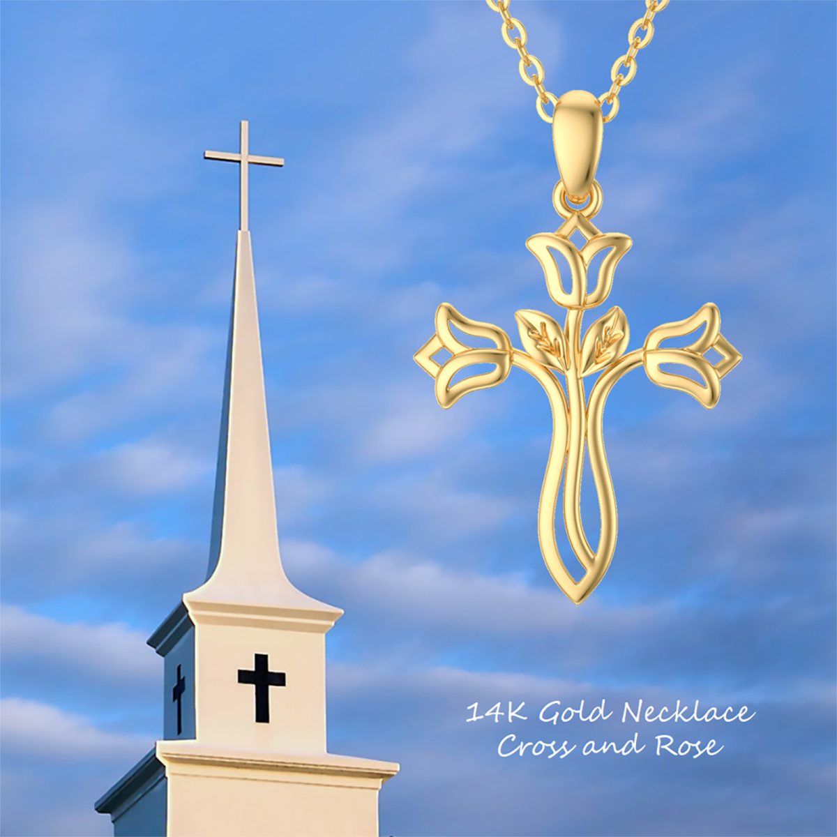 14K Gold Rose & Cross Pendant Necklace-5