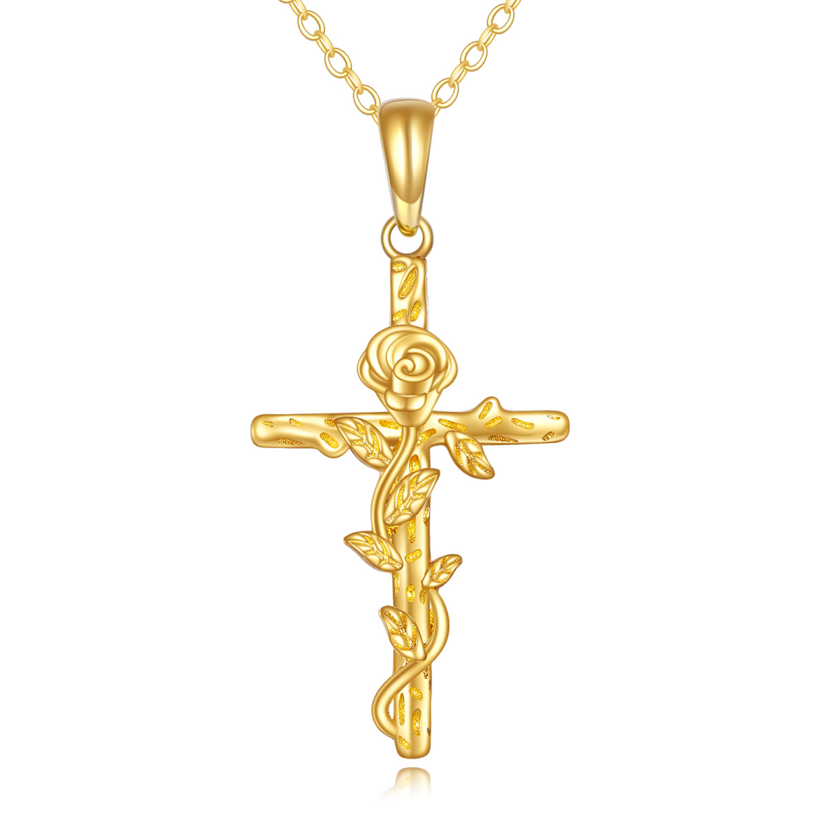 18K Gold Rose and Cross Pendant Necklace-1