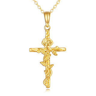 14K Gold Rose and Cross Pendant Necklace-3