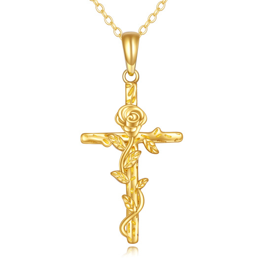 10K Gold Rose and Cross Pendant Necklace