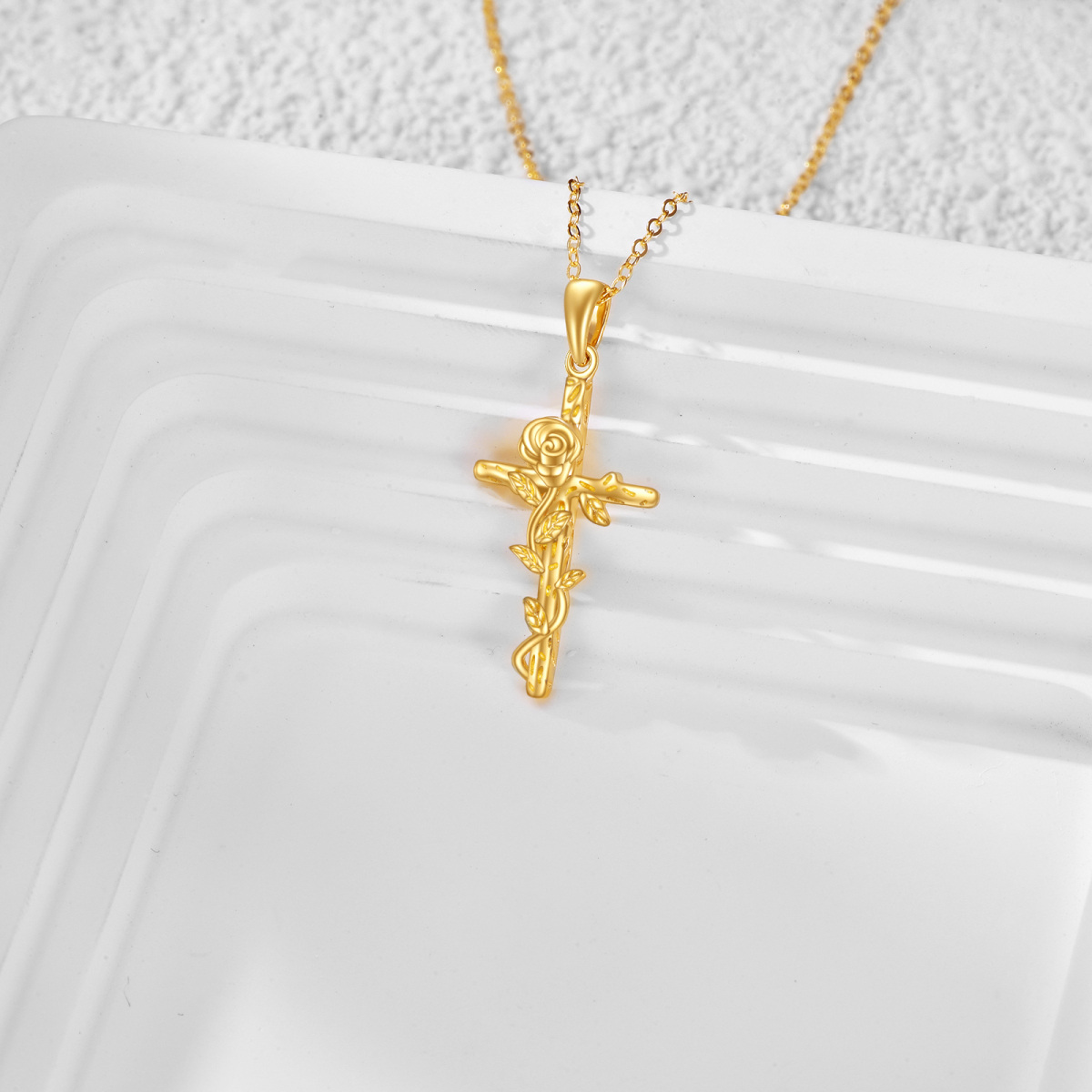 14K Gold Rose and Cross Pendant Necklace-3