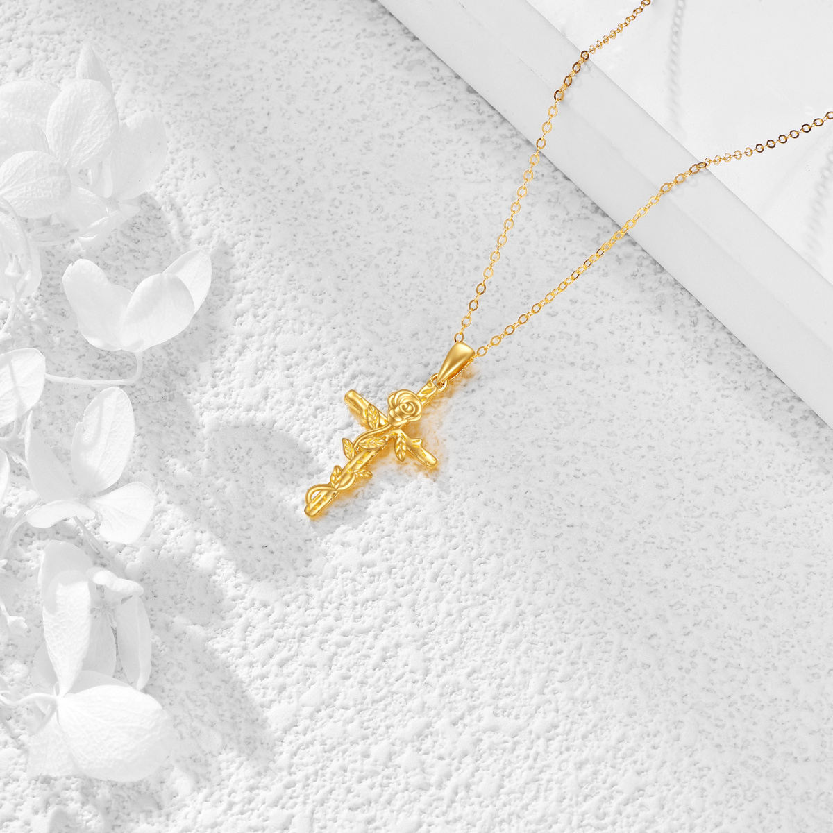 10K Gold Rose and Cross Pendant Necklace-4