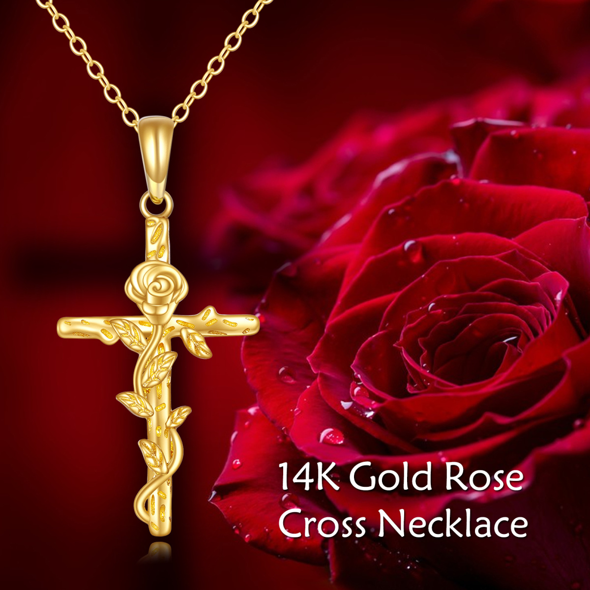 14K Gold Rose and Cross Pendant Necklace-5