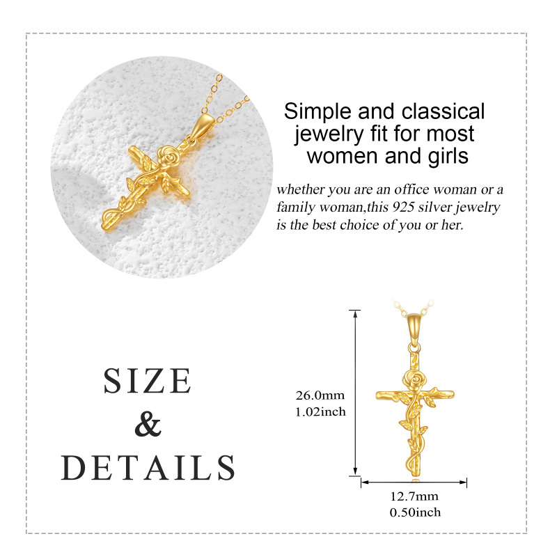 Collana con ciondolo a forma di rosa e croce in oro bianco 10K-6