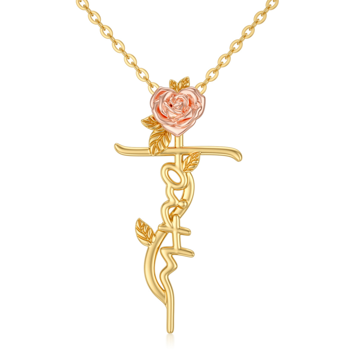 Collana da donna in oro 14 carati e oro rosa con rosa e croce-1