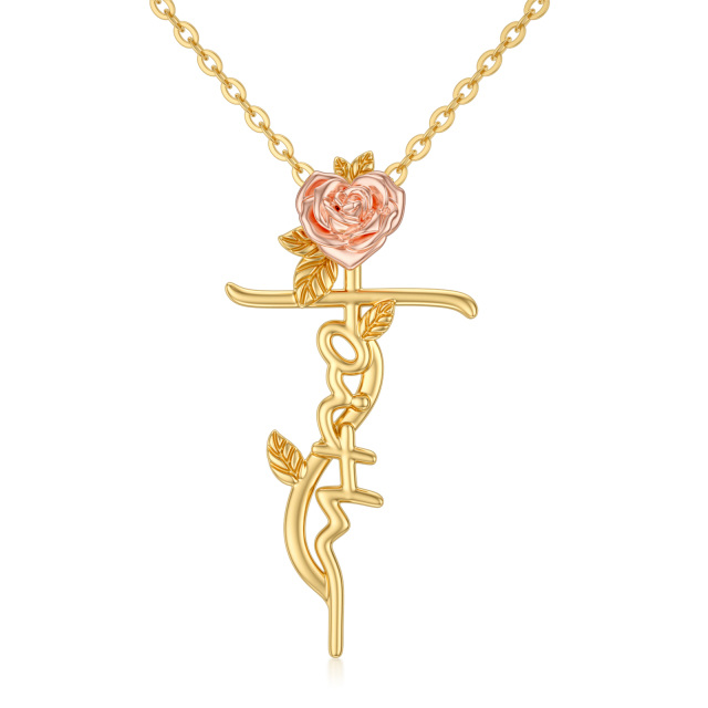 14K Gold & Rose Gold Rose & Cross Pendant Necklace-5