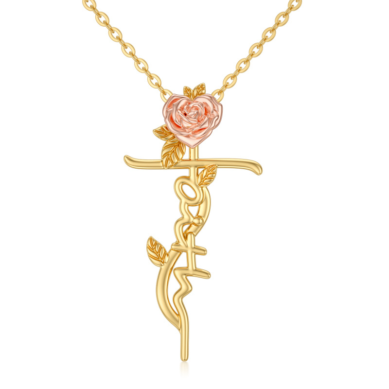 14K Gold & Rose Gold Rose & Cross Pendant Necklace