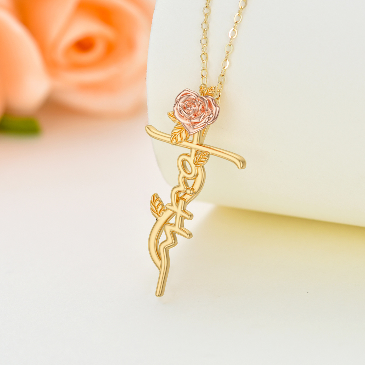 10K Gold & Rose Gold Rose And Cross Pendant Necklace For Women-3