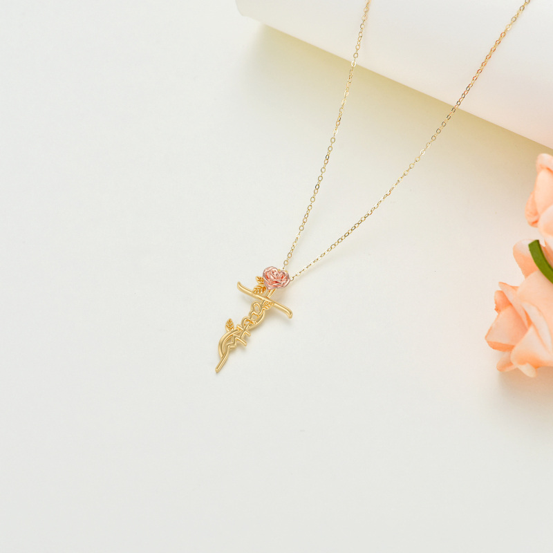 10K goud en roségouden ketting met roos en kruishanger voor dames-4