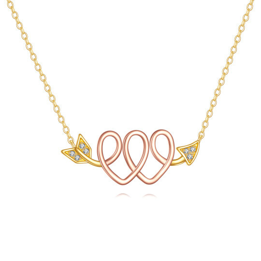 10K Gold & Rose Gold CZ Arrow of Love Knot Double Heart Pendant Necklace Valentine's Day Jewelry Gifts