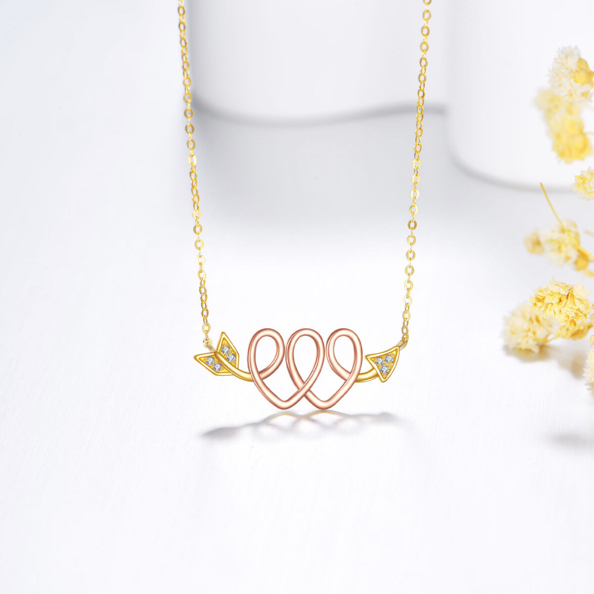 10K goud, roségoud, CZ-pijl van liefdesknoop, dubbel hart hanger, Valentijnsdag sieraden, cadeaus-3