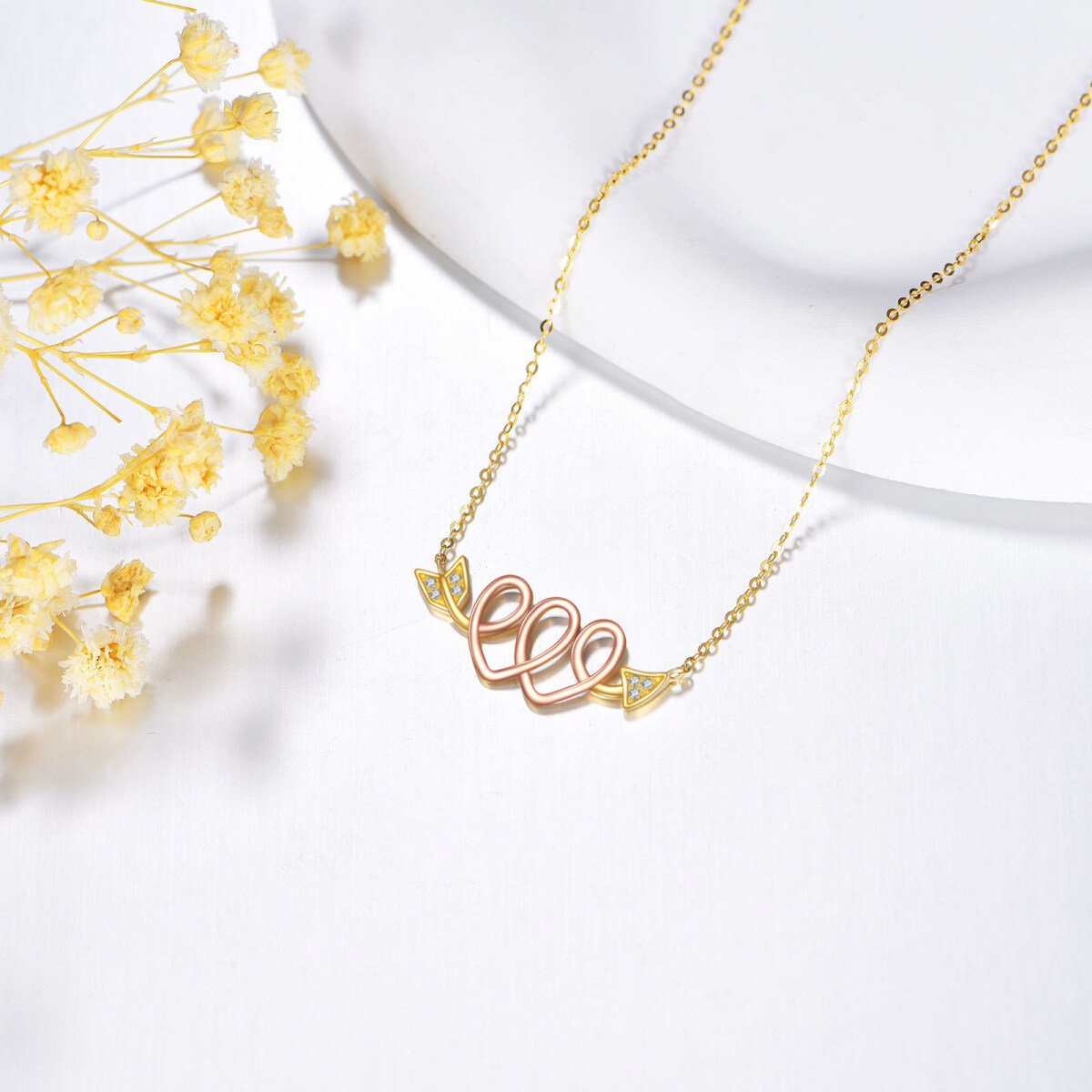 10K goud, roségoud, CZ-pijl van liefdesknoop, dubbel hart hanger, Valentijnsdag sieraden, cadeaus-4