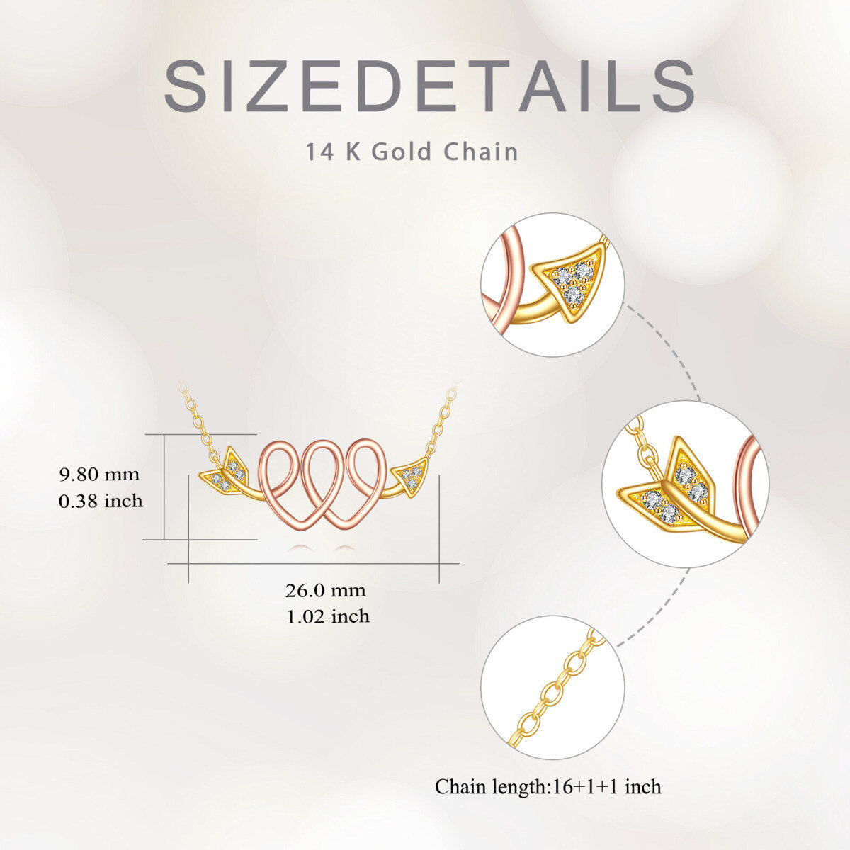 10K goud, roségoud, CZ-pijl van liefdesknoop, dubbel hart hanger, Valentijnsdag sieraden, cadeaus-5