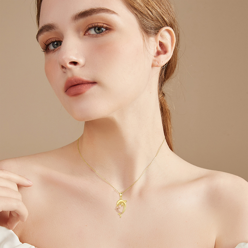 10K Gold Two-Tone Dolphins Pendant Necklace For Women-2