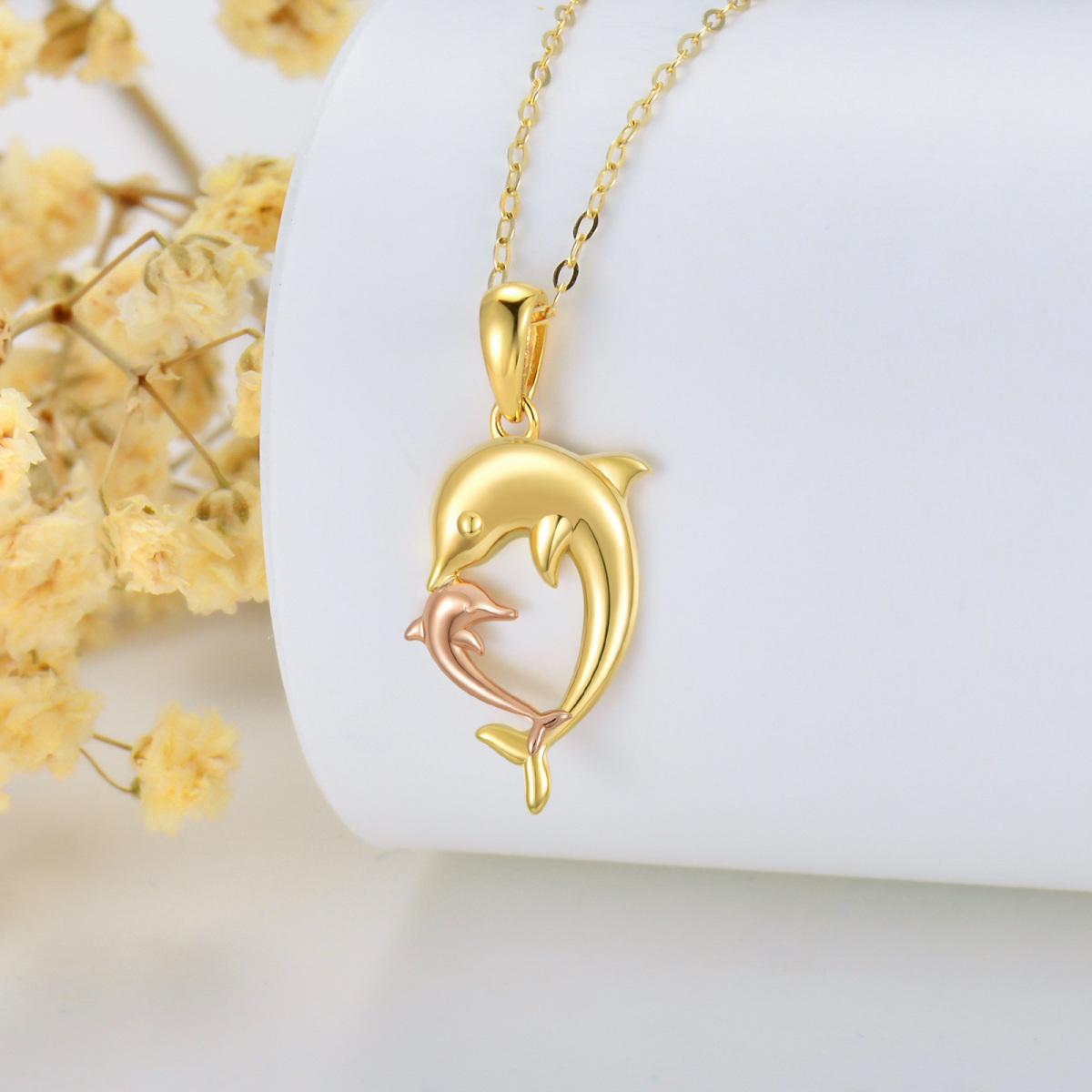 Collier avec pendentif dauphins bicolores en or 14 carats pour femme-3