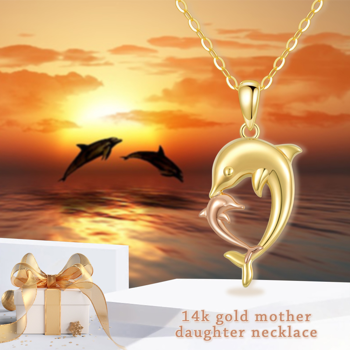 Collier avec pendentif dauphins bicolores en or 14 carats pour femme-5