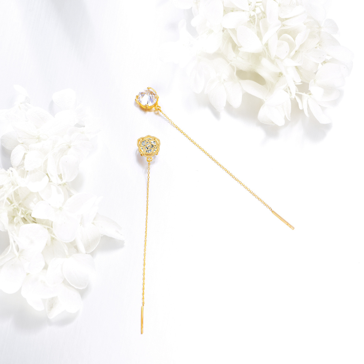 Alambre para aretes con forma de rosa y circonita cúbica en oro de 14 quilates-3