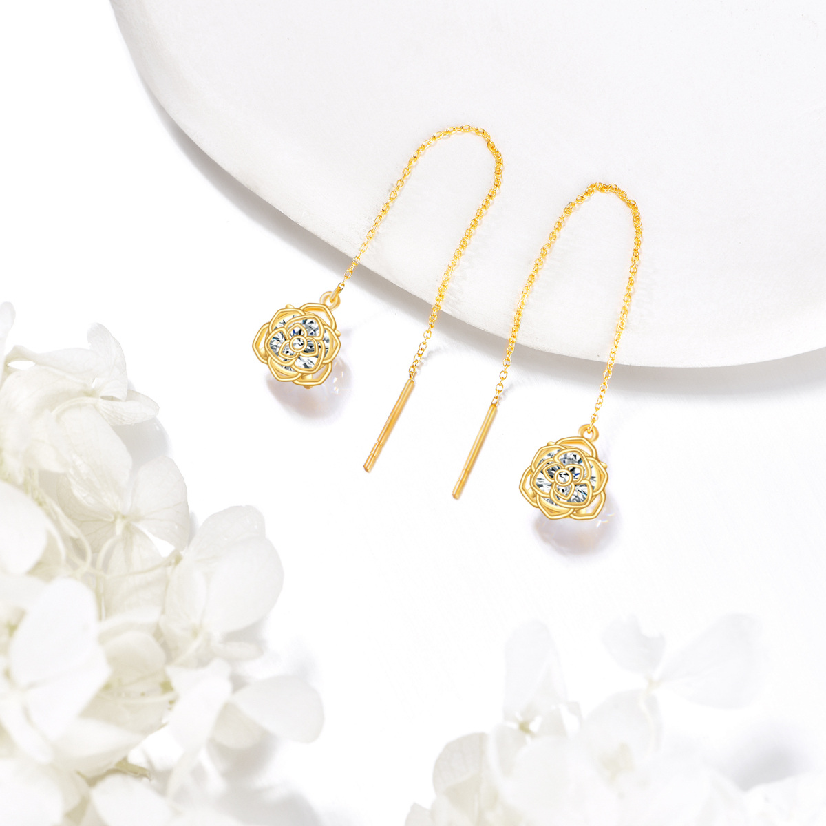 Alambre para aretes con forma de rosa y circonita cúbica en oro de 14 quilates-4