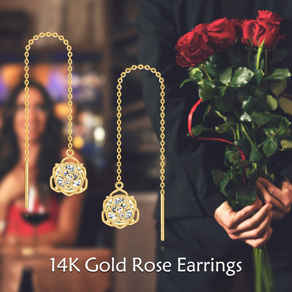 Alambre para aretes con forma de rosa y circonita cúbica en oro de 14 quilates-6