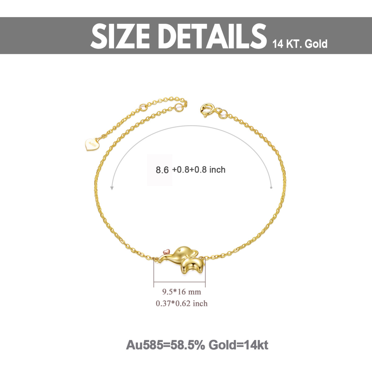 14K Gold & Rose Gold Elephant & Heart Single Layer Anklet-6