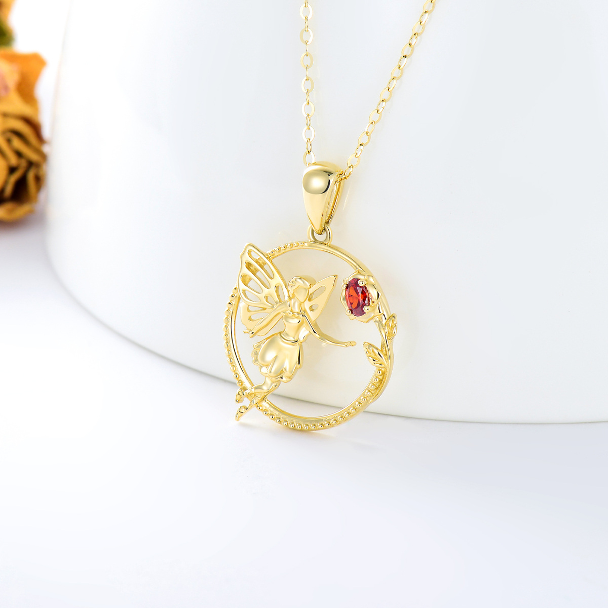 10K Gold Cubic Zirconia Rose & Fairy Pendant Necklace-3