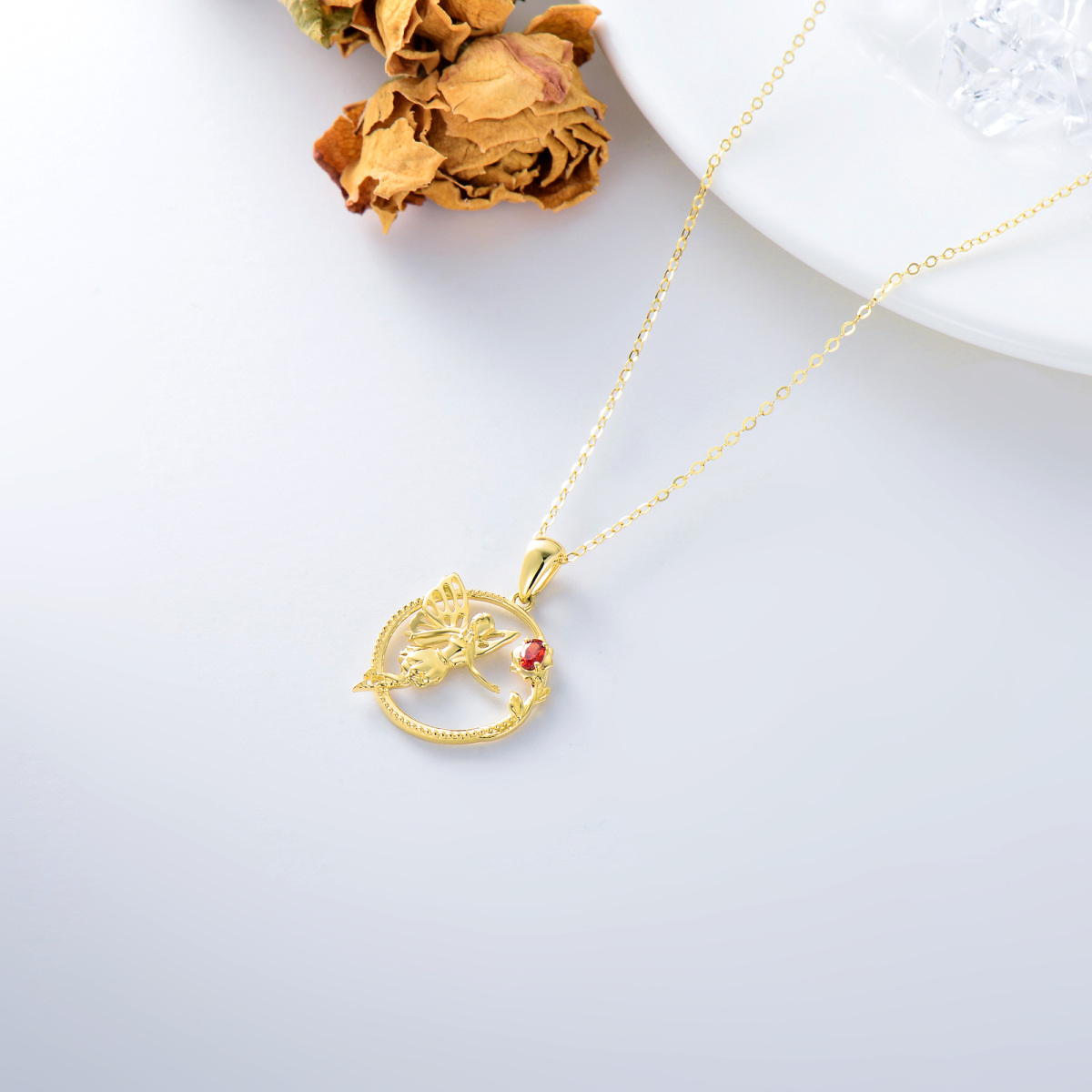 Collier en or 14K avec pendentif rose et fée en zircon cubique-4