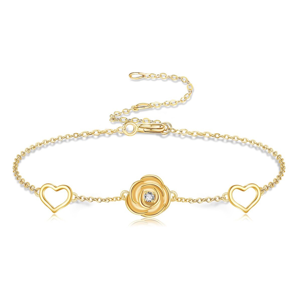 10K Gold Cubic Zirconia Rose & Heart Charm Bracelet-1