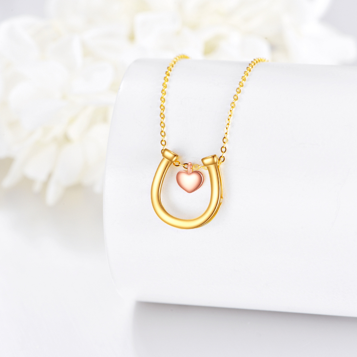 18K Gold & Rose Gold Heart & Horseshoe Pendant Necklace-2