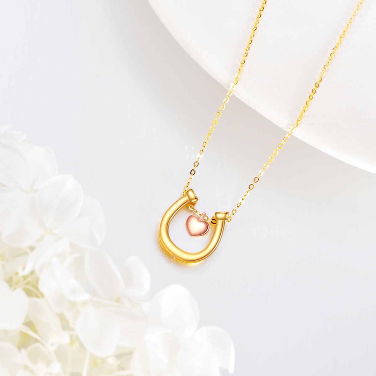 Collana con ciondolo a forma di ferro di cavallo a forma di cuore in oro rosa 14K-4