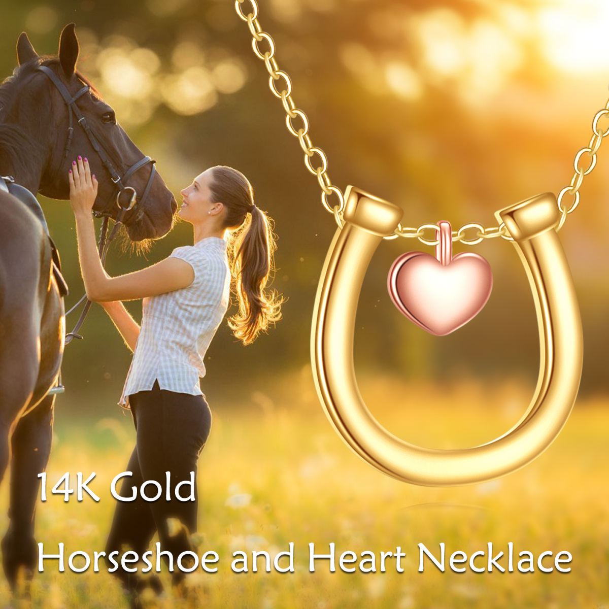 Collana con ciondolo a forma di ferro di cavallo a forma di cuore in oro rosa 14K-6